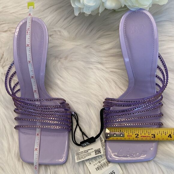 Zara Vinyl Purple Mauve Rhinestone Squared Toe High Heels Sandals Shoes - Picture 3 of 11